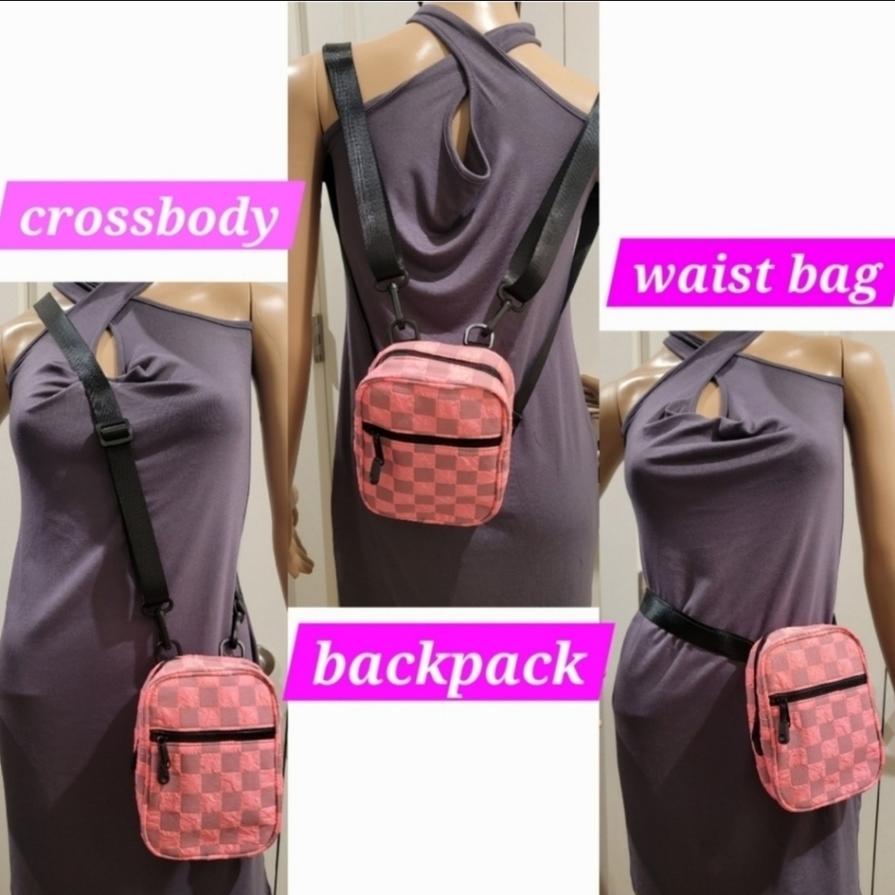 Last One! Stylish Pink Checkered Crossbody Multiwear Bag